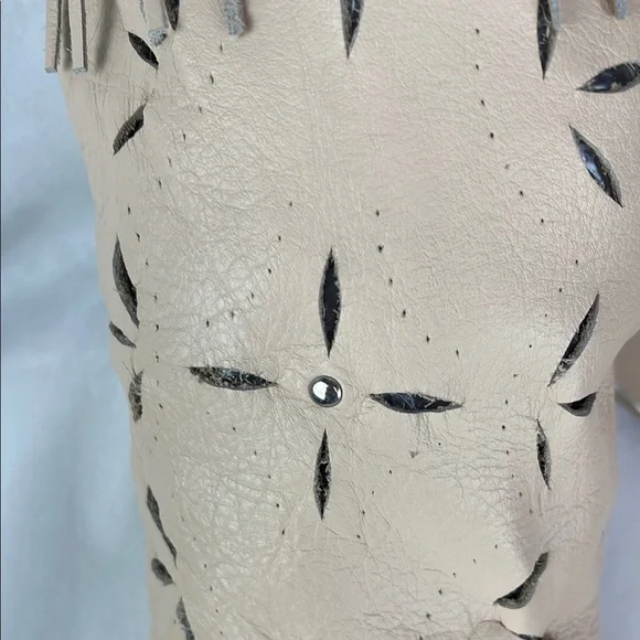 Wild Pair Cream Leather Boots with Geometric Laser Cut Out and Fringe - Picture 3 of 5